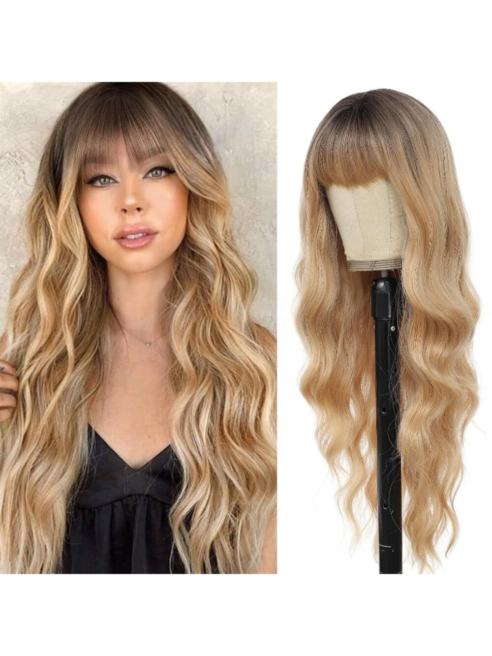 Women's Dark Blonde 26 Inch Natural Looking Heat Resistant Synthetic Wigs Bangs
